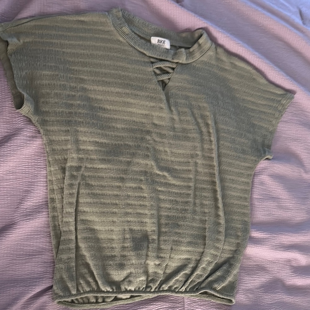 BKE Green Boxy Tie Front Tee with Mandarin Collar